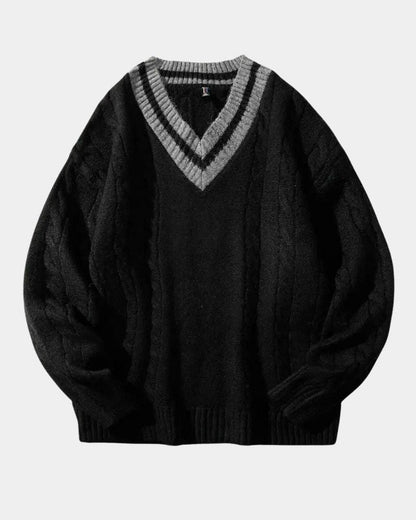 Sigmund | Cremefarbener Zopfmusterpullover mit V-Ausschnitt