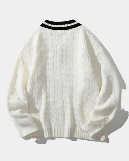Sigmund | Cremefarbener Zopfmusterpullover mit V-Ausschnitt