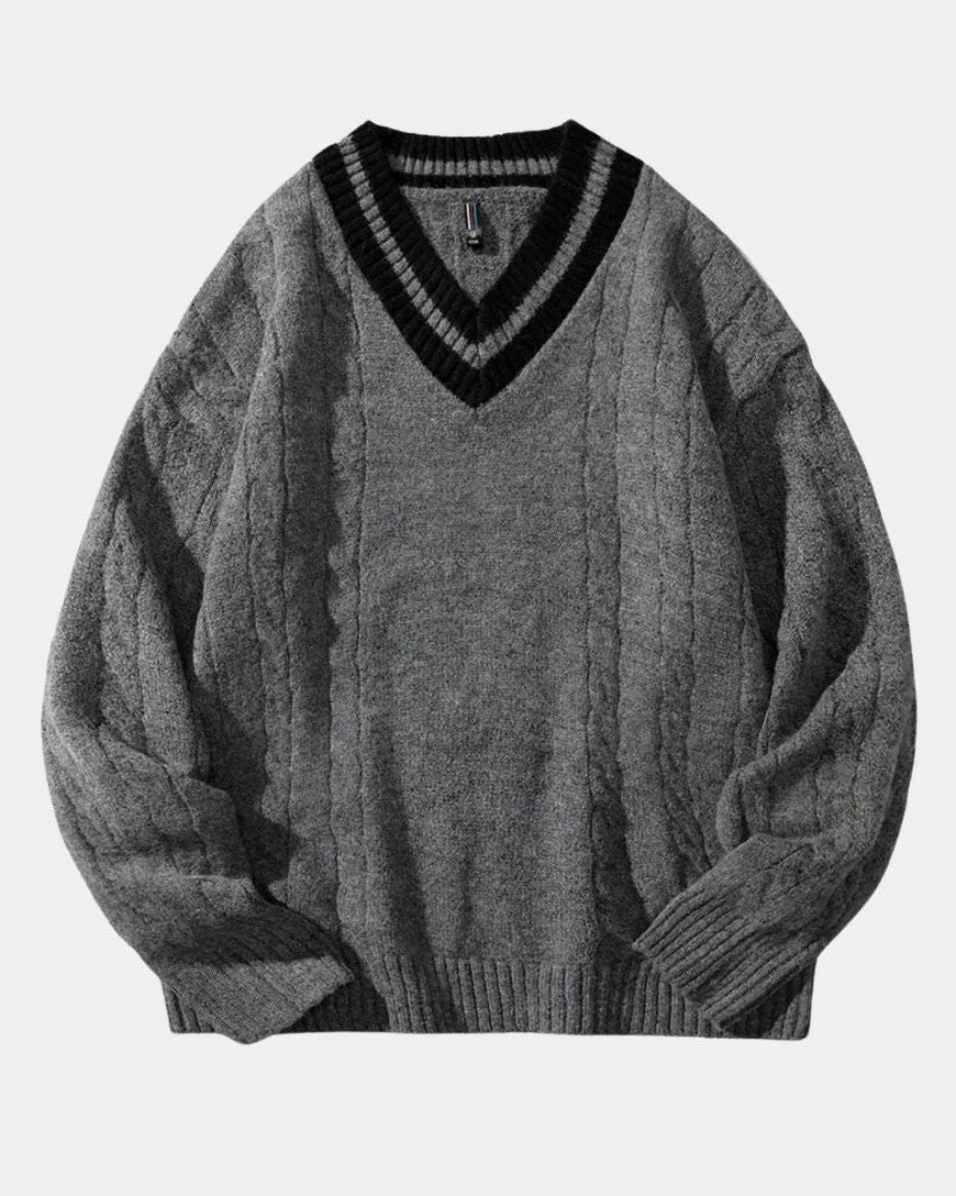 Sigmund | Cremefarbener Zopfmusterpullover mit V-Ausschnitt