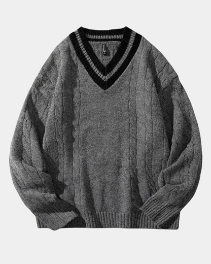 Sigmund | Cremefarbener Zopfmusterpullover mit V-Ausschnitt