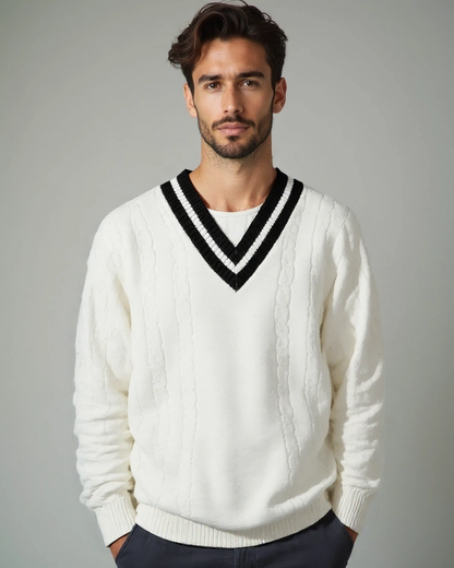 Sigmund | Cremefarbener Zopfmusterpullover mit V-Ausschnitt
