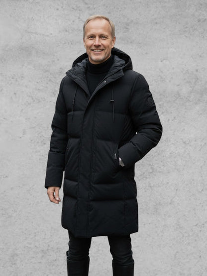 Thomas | Schwarzer Wintermantel mit Kapuze