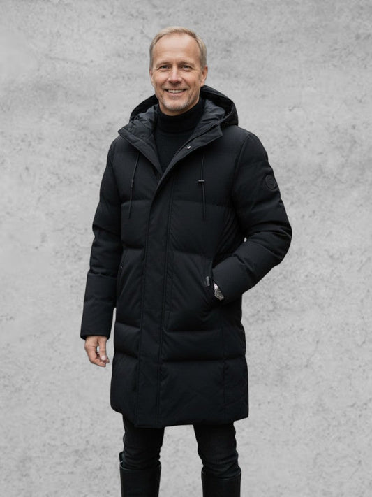Thomas | Schwarzer Wintermantel mit Kapuze