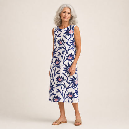 Uta | Ärmelloses Sommerkleid mit Blüten auf Weiß