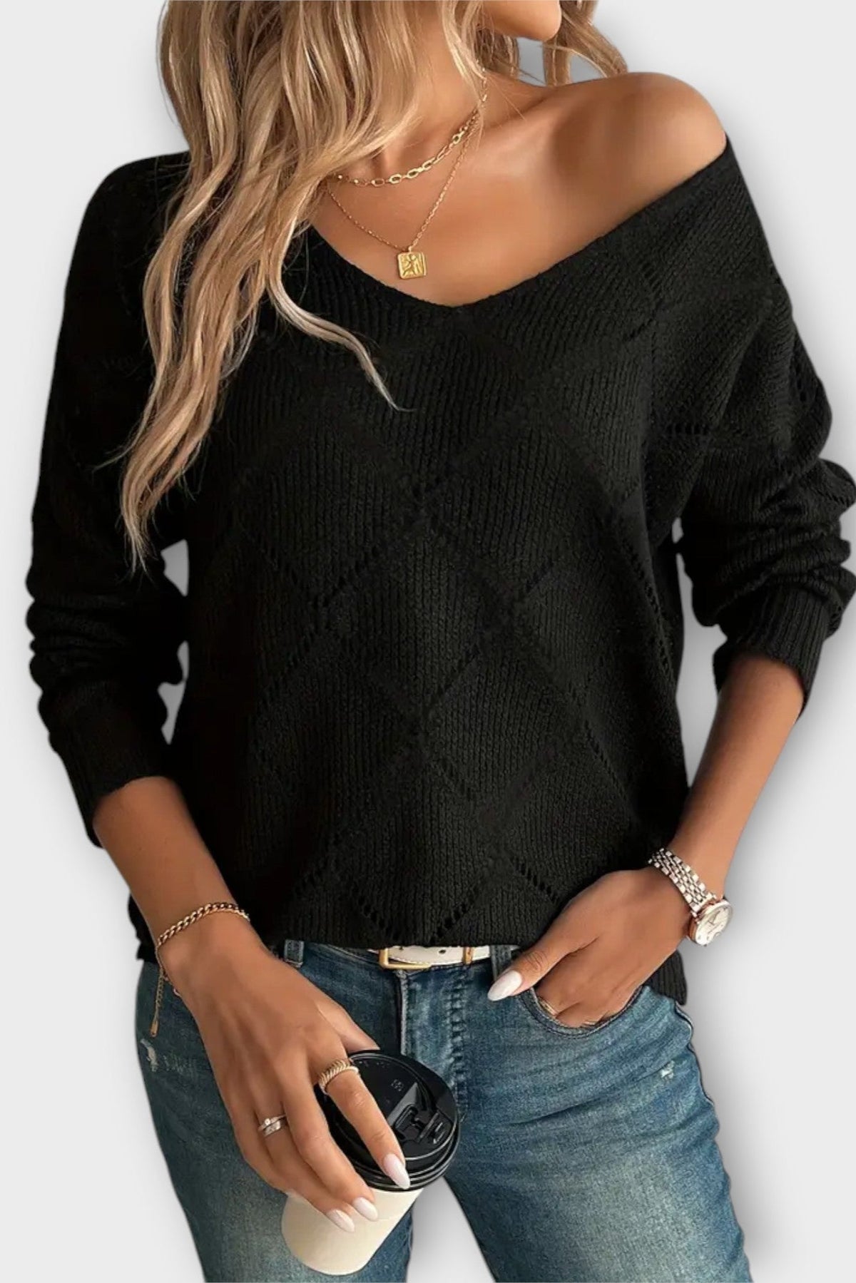 Rhian | Schwarzer Ajour-Strickpullover