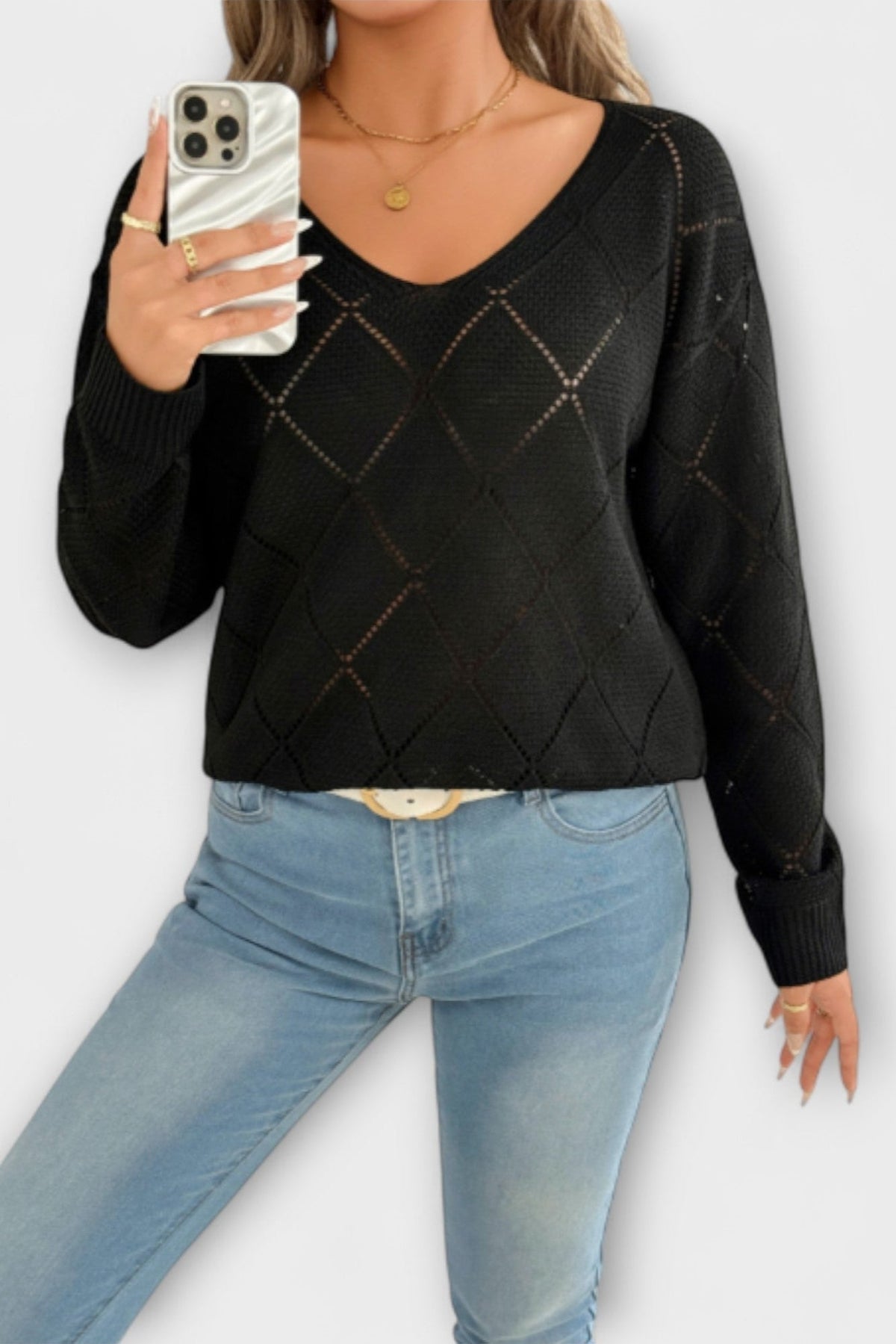 Rhian | Schwarzer Ajour-Strickpullover