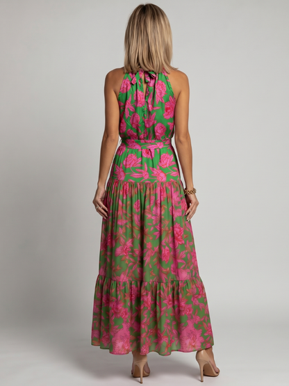 Marika-Luise | Midikleid mit Blütendruck in Grün und Pink