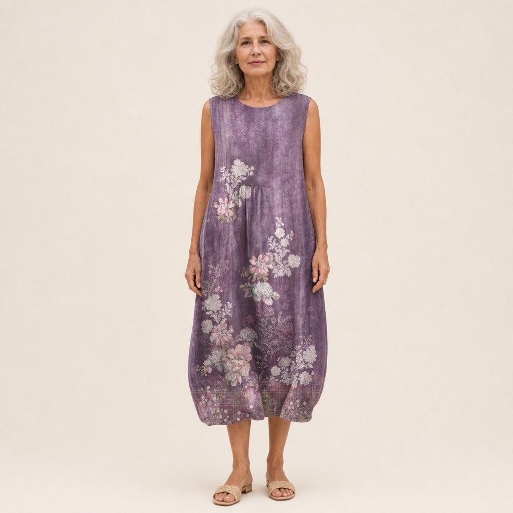 Tanja | Ärmelloses Sommerkleid mit Blüten auf Violett