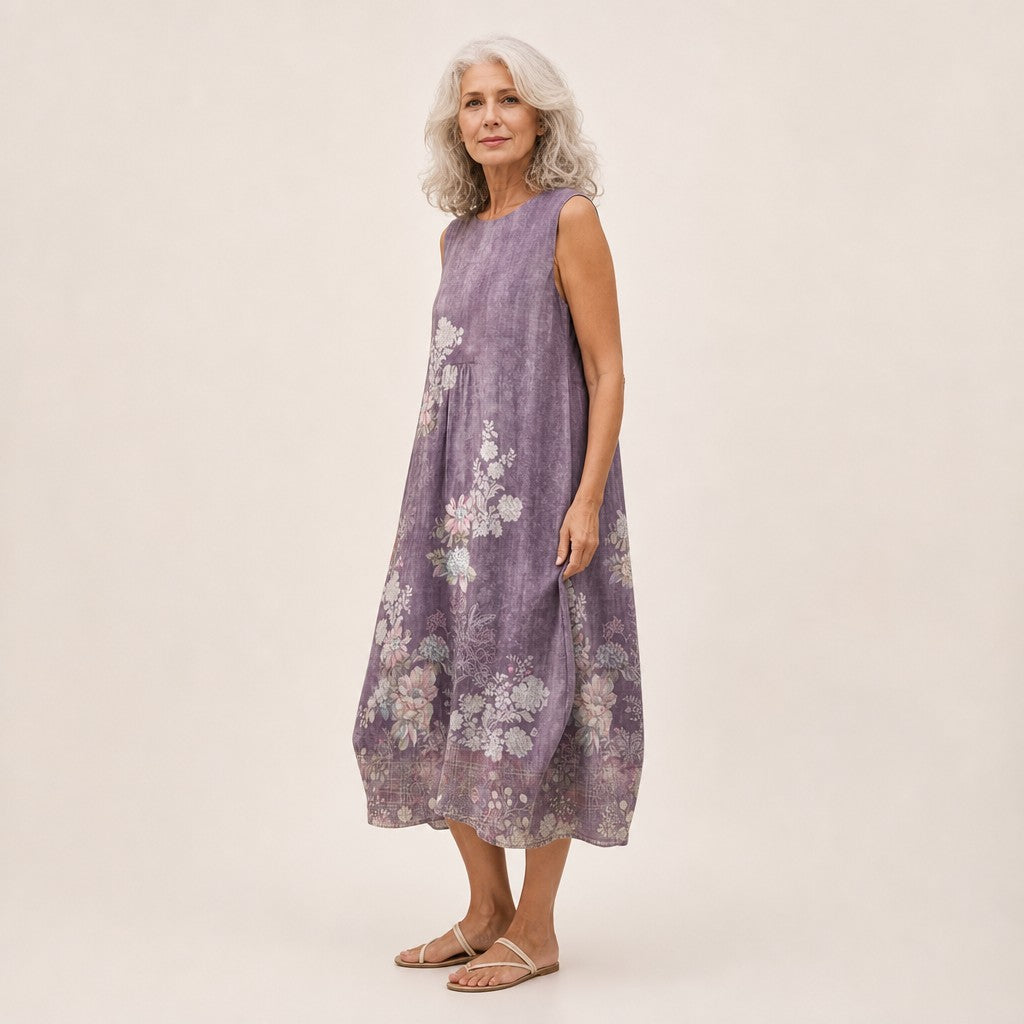 Tanja | Ärmelloses Sommerkleid mit Blüten auf Violett