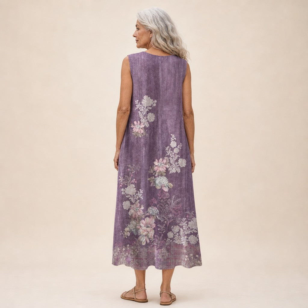 Tanja | Ärmelloses Sommerkleid mit Blüten auf Violett