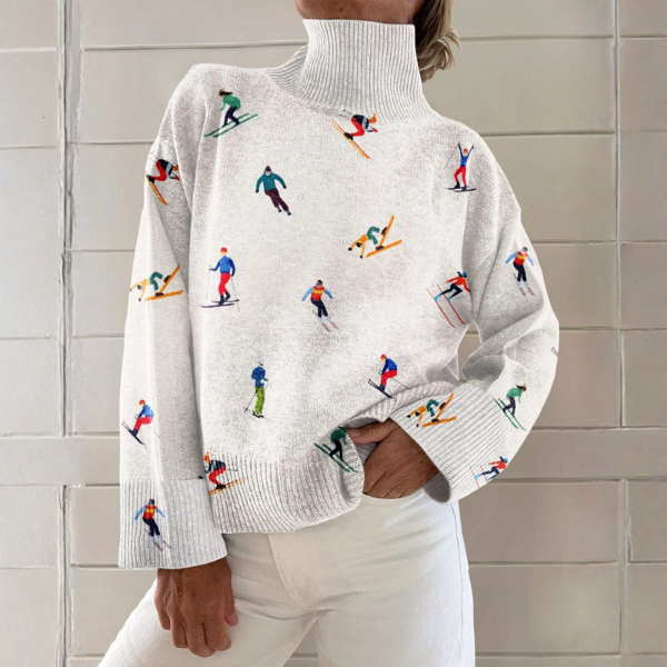 Carol | Weißer Rollkragenpullover mit Skifahrer-Motiv