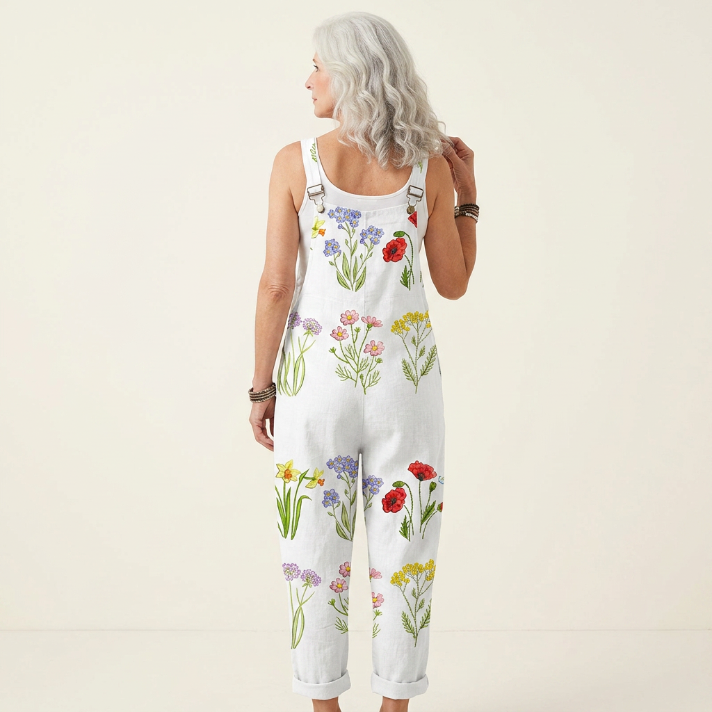 Grete | Latzhose in Weiß mit Feldblumen