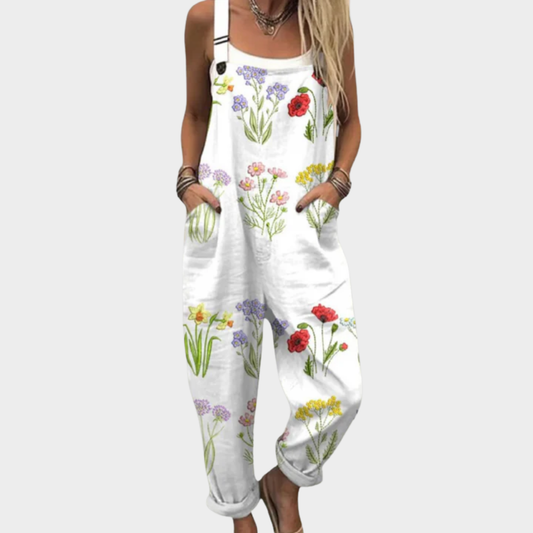 Grete | Latzhose in Weiß mit Feldblumen