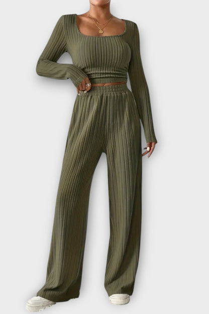 Shelley | Plissiertes Langarm-Oberteil & weite Hose Set