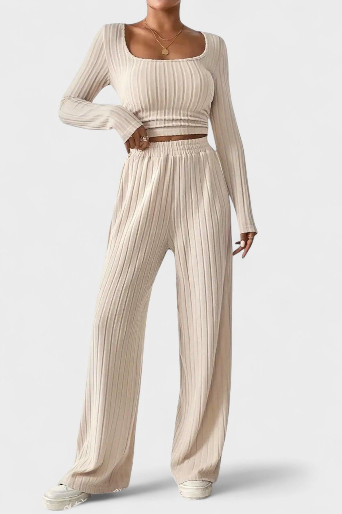 Shelley | Plissiertes Langarm-Oberteil & weite Hose Set