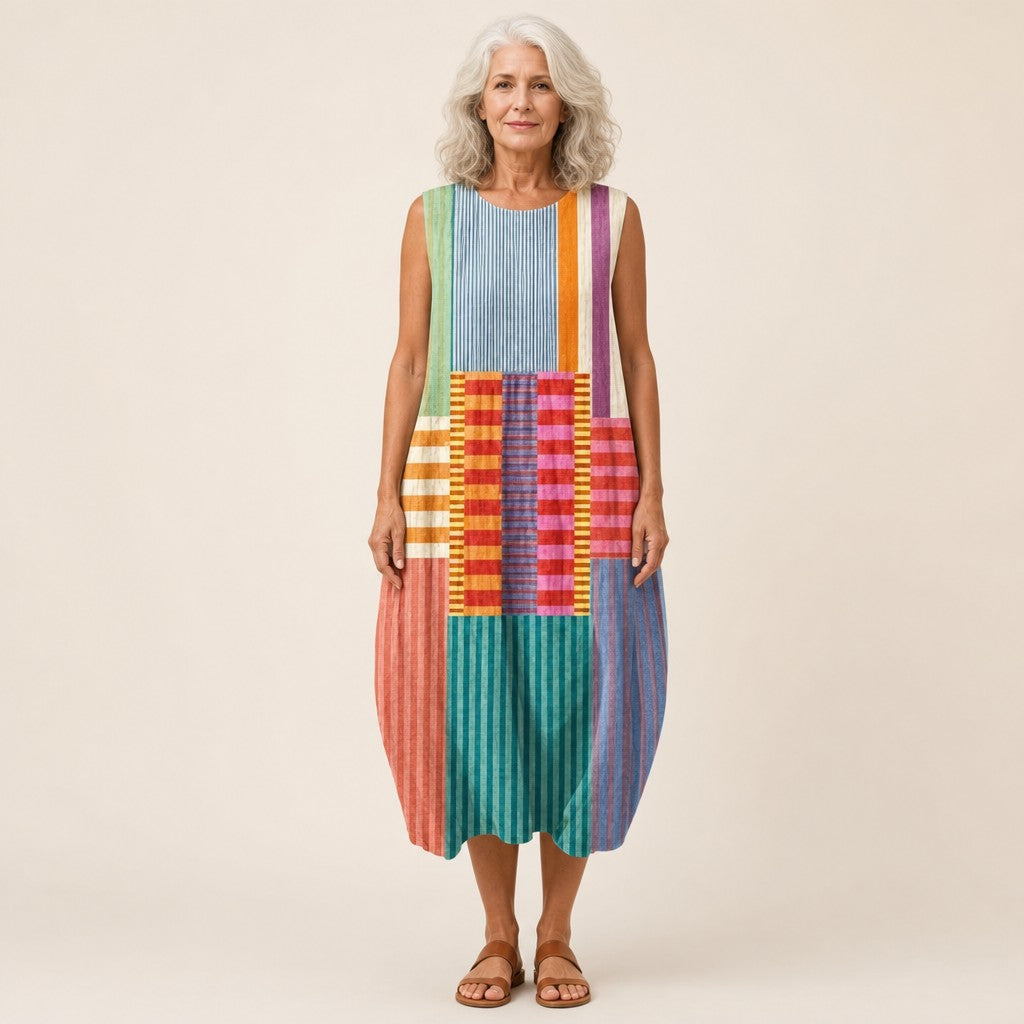Karla | Ärmelloses Sommerkleid mit buntem Streifen-Patchwork