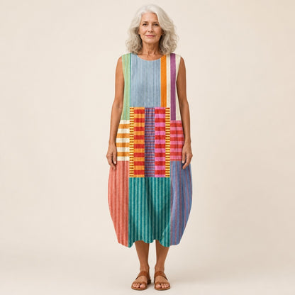 Karla | Ärmelloses Sommerkleid mit buntem Streifen-Patchwork