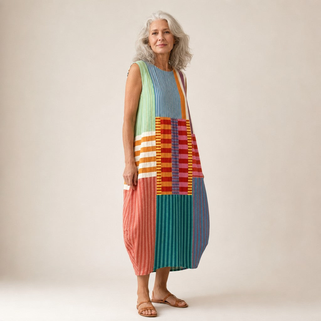 Karla | Ärmelloses Sommerkleid mit buntem Streifen-Patchwork