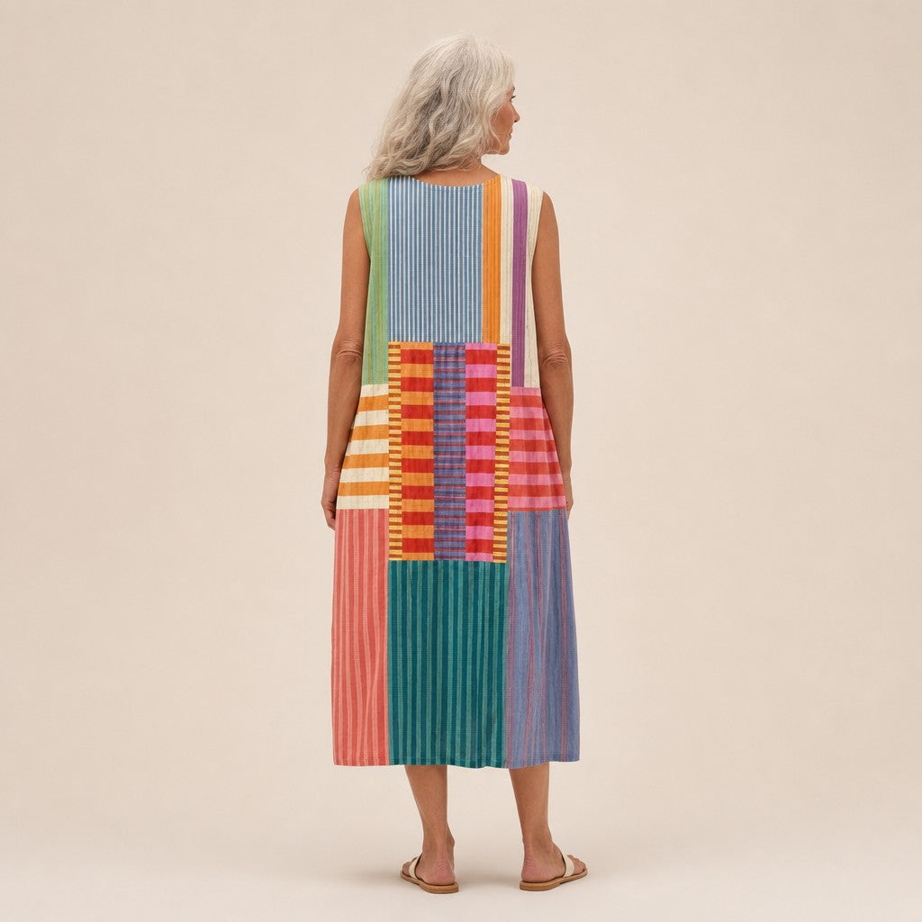 Karla | Ärmelloses Sommerkleid mit buntem Streifen-Patchwork