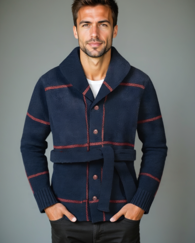 Simon | Dunkelblaue Strickjacke mit Gürtel