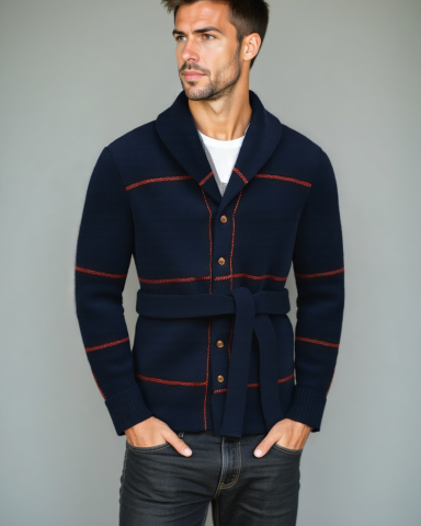 Simon | Dunkelblaue Strickjacke mit Gürtel