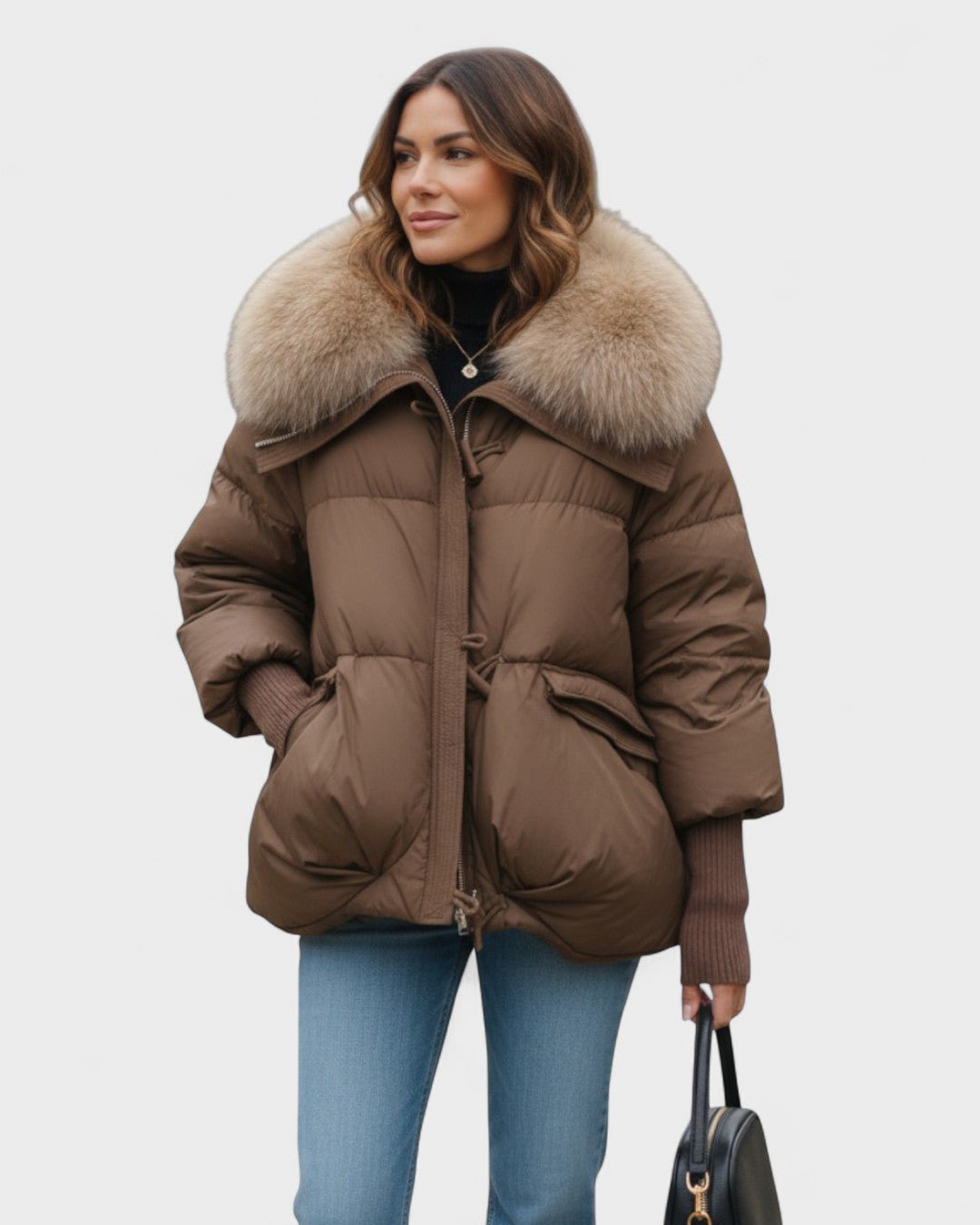 Sofia | Braune Steppjacke mit Kunstfellkragen