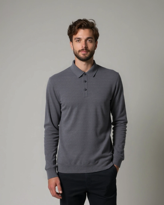 Xaver | Graues Langarm-Strickpolo
