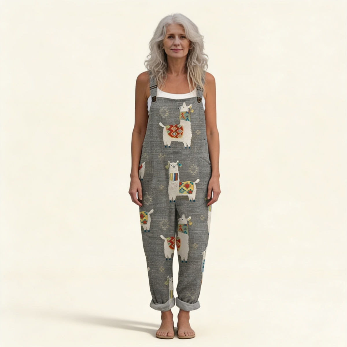 Ramona | Latzhose in Grau mit Lamas