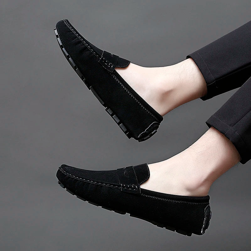 Anton-Josef | Dunkelblaue Bootsschuh-Loafer in Veloursoptik