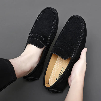 Anton-Josef | Dunkelblaue Bootsschuh-Loafer in Veloursoptik