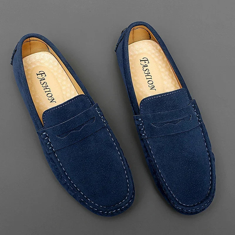 Anton-Josef | Dunkelblaue Bootsschuh-Loafer in Veloursoptik