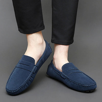 Anton-Josef | Dunkelblaue Bootsschuh-Loafer in Veloursoptik