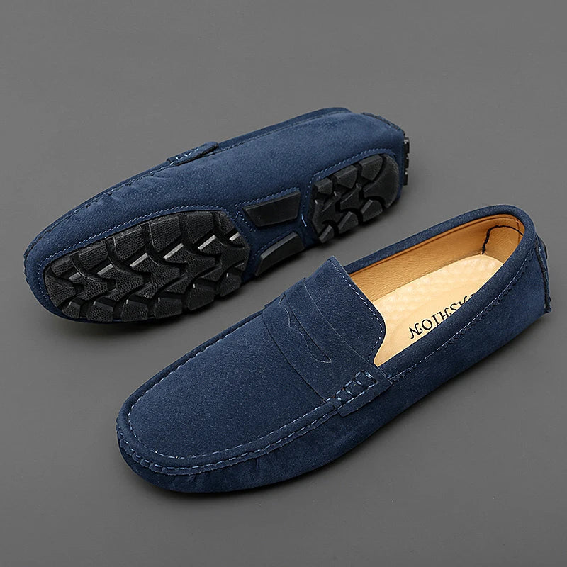 Anton-Josef | Dunkelblaue Bootsschuh-Loafer in Veloursoptik