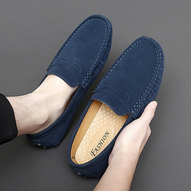 Anton-Josef | Dunkelblaue Bootsschuh-Loafer in Veloursoptik