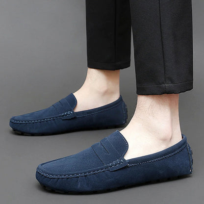 Anton-Josef | Dunkelblaue Bootsschuh-Loafer in Veloursoptik