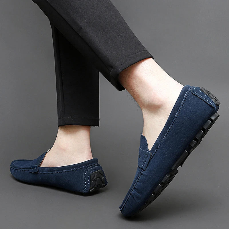 Anton-Josef | Dunkelblaue Bootsschuh-Loafer in Veloursoptik