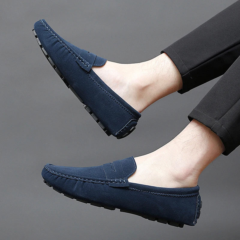 Anton-Josef | Dunkelblaue Bootsschuh-Loafer in Veloursoptik