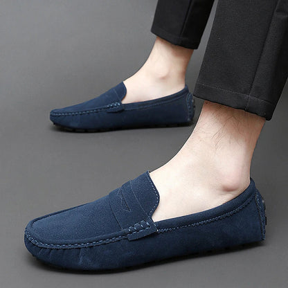 Anton-Josef | Dunkelblaue Bootsschuh-Loafer in Veloursoptik
