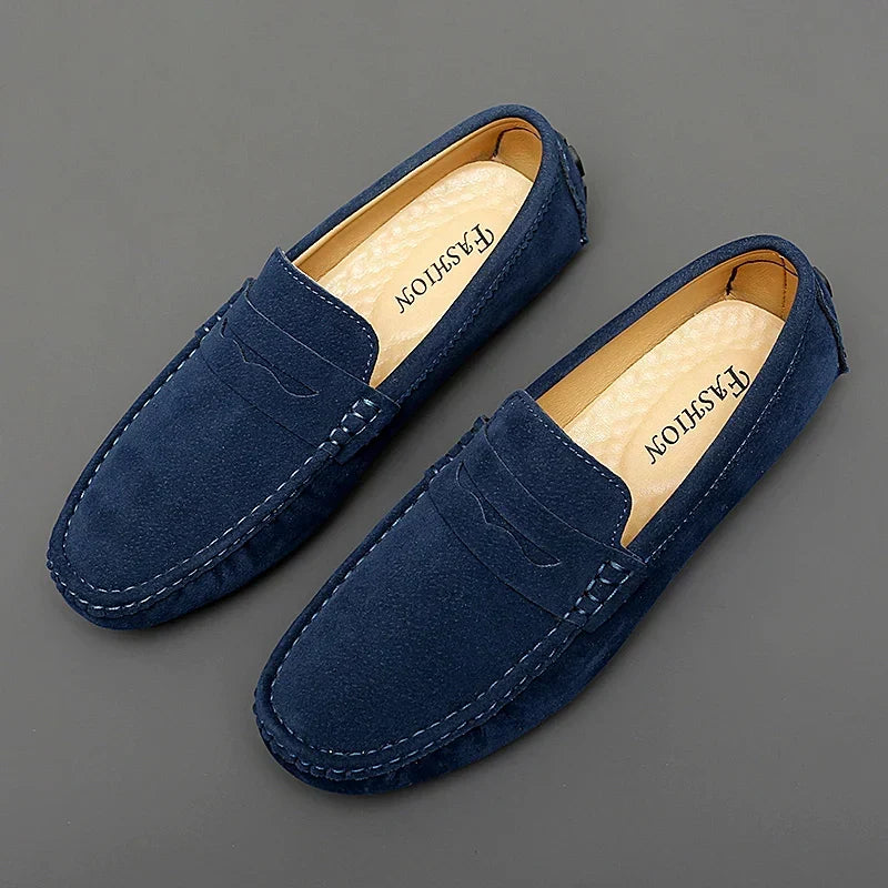 Anton-Josef | Dunkelblaue Bootsschuh-Loafer in Veloursoptik
