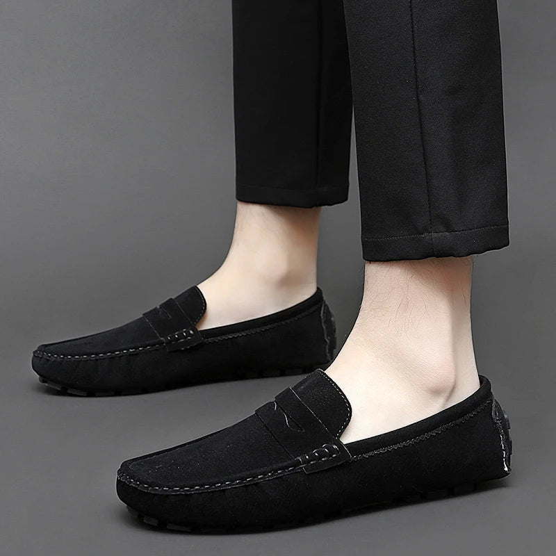 Anton-Josef | Dunkelblaue Bootsschuh-Loafer in Veloursoptik
