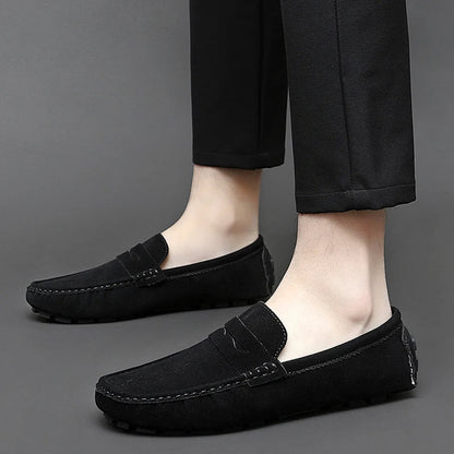 Anton-Josef | Dunkelblaue Bootsschuh-Loafer in Veloursoptik