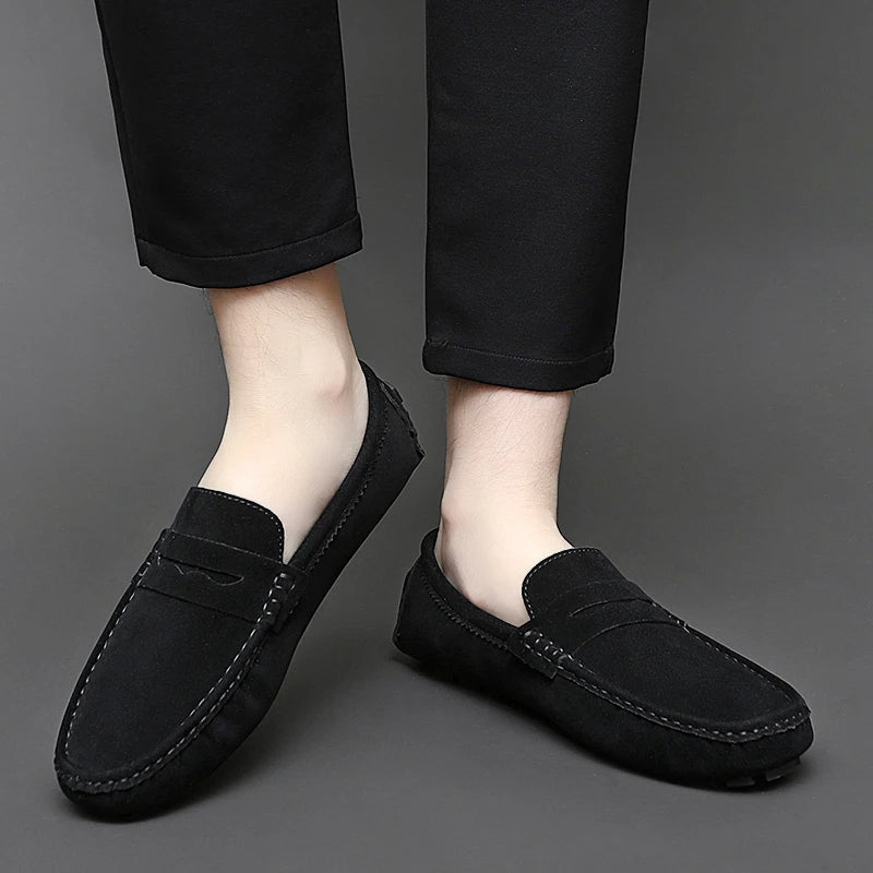 Anton-Josef | Dunkelblaue Bootsschuh-Loafer in Veloursoptik