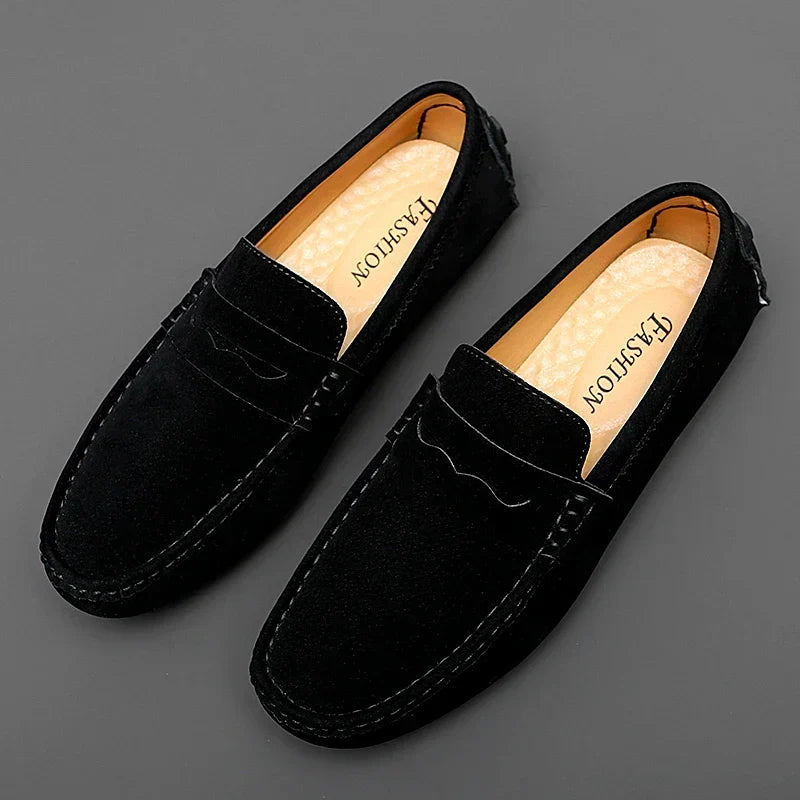 Anton-Josef | Dunkelblaue Bootsschuh-Loafer in Veloursoptik