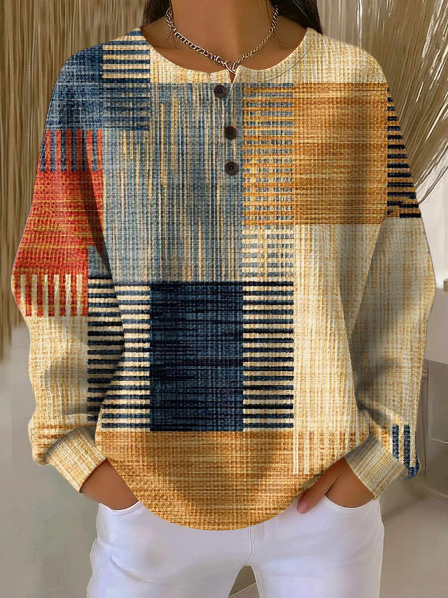 Bettina | Patchwork-Pullover in Blau und Sand