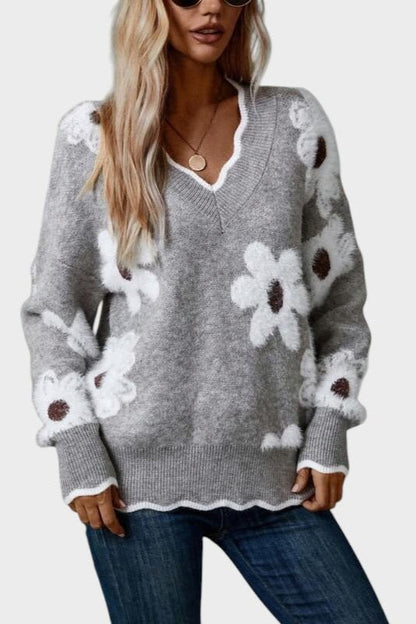 Thea | Grauer Strickpullover mit Gänseblümchen