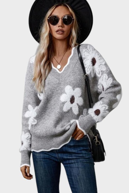 Thea | Grauer Strickpullover mit Gänseblümchen