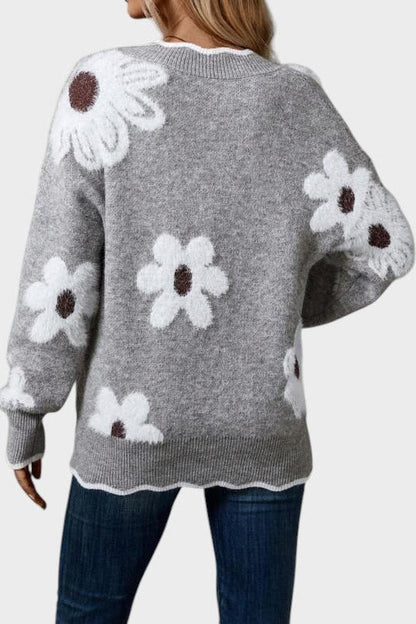 Thea | Grauer Strickpullover mit Gänseblümchen