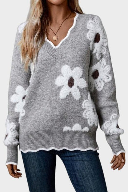 Thea | Grauer Strickpullover mit Gänseblümchen