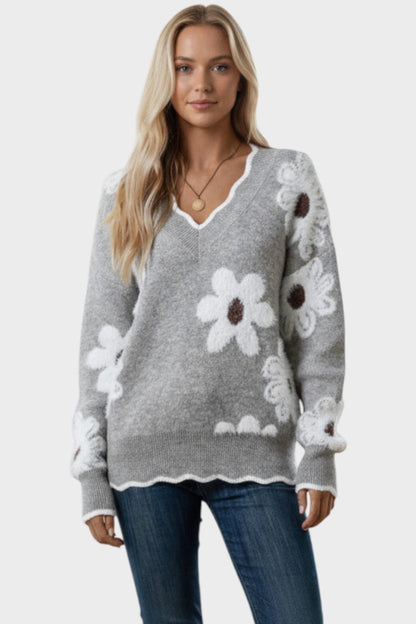 Thea | Grauer Strickpullover mit Gänseblümchen