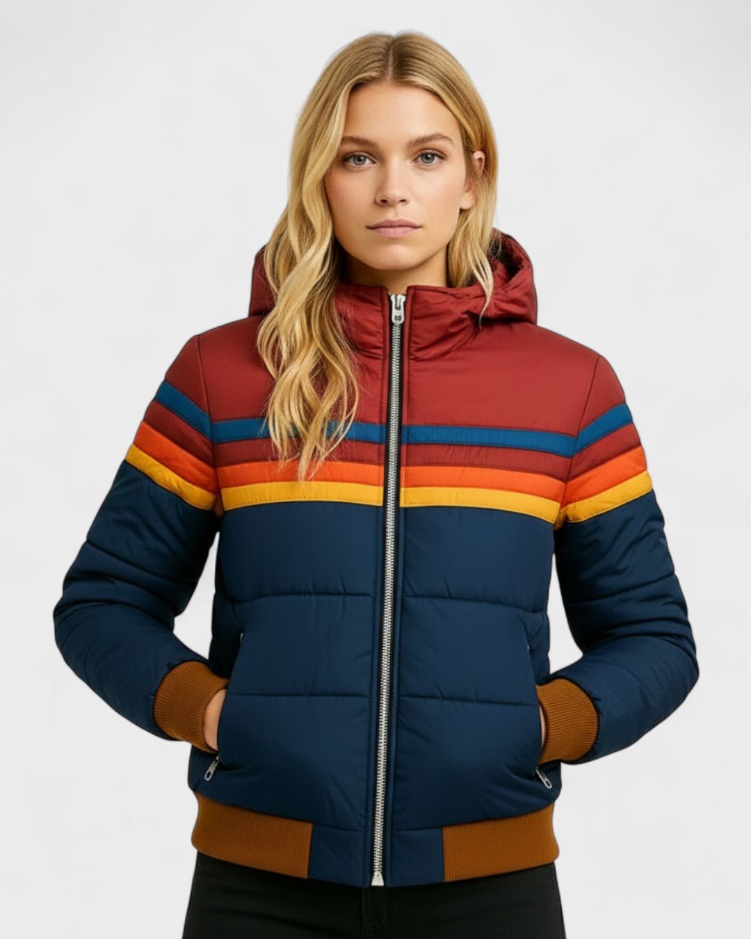 Thea | Schwarze Steppjacke mit bunten Streifen